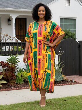 Lady Tribal Printed Polyester Caftan Dress Plus Size Party Cover Up Maxi Dresses